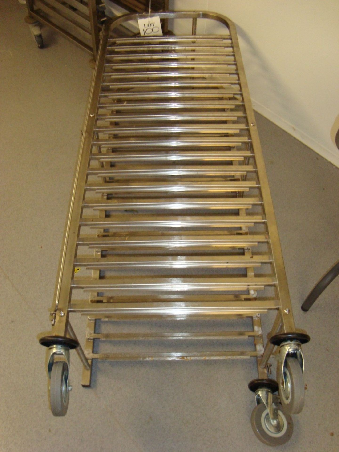 A Prepara stainless steel full height mobile tray rack (missing one wheel)