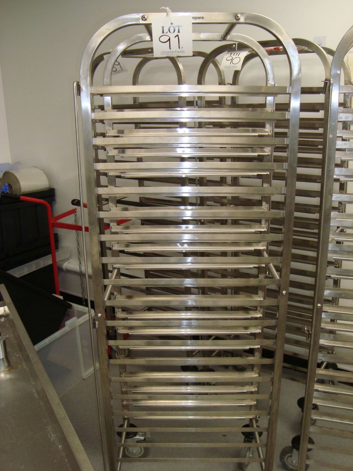 A Prepara stainless steel full height mobile tray rack