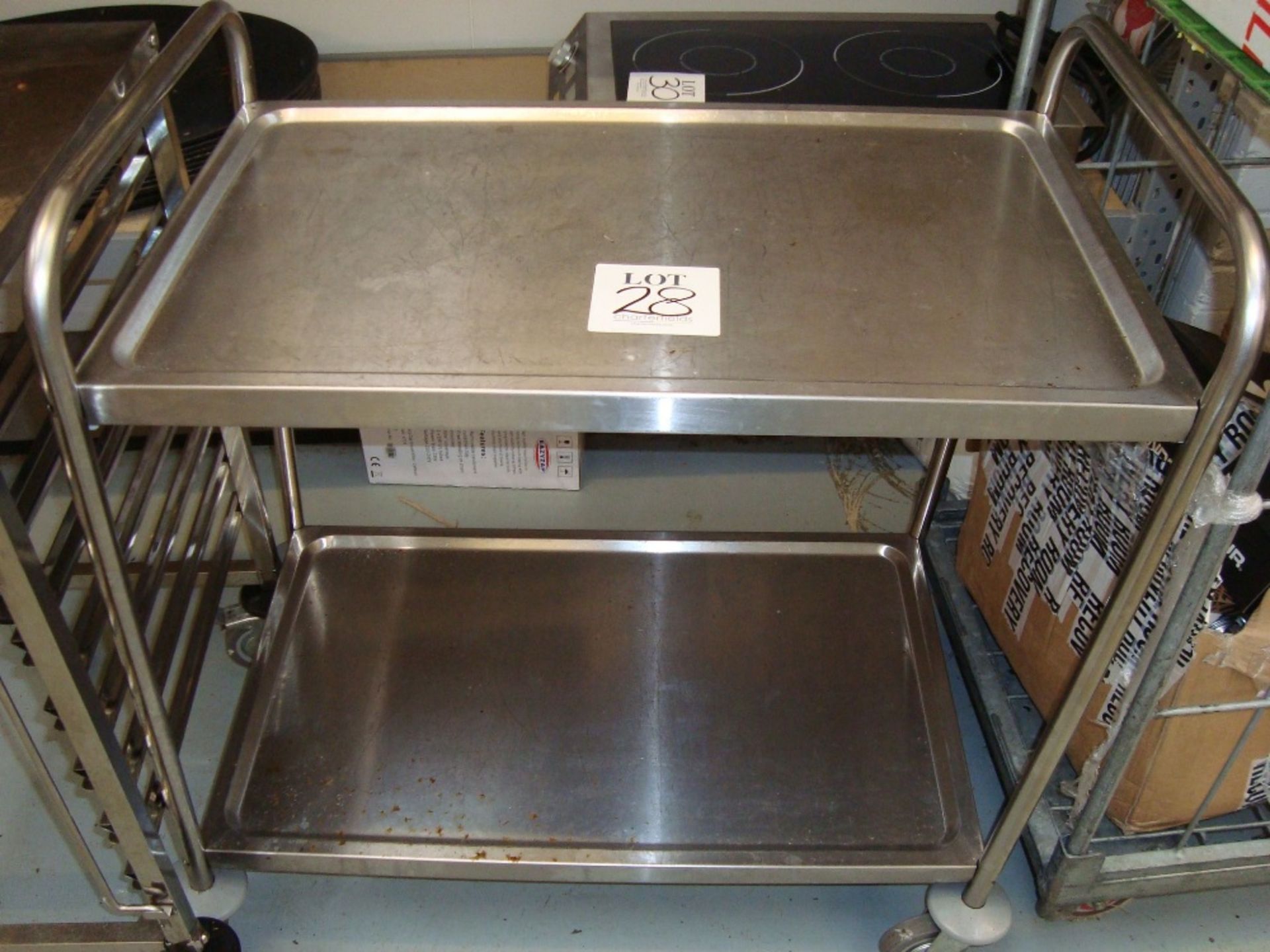 A stainless steel mobile trolley