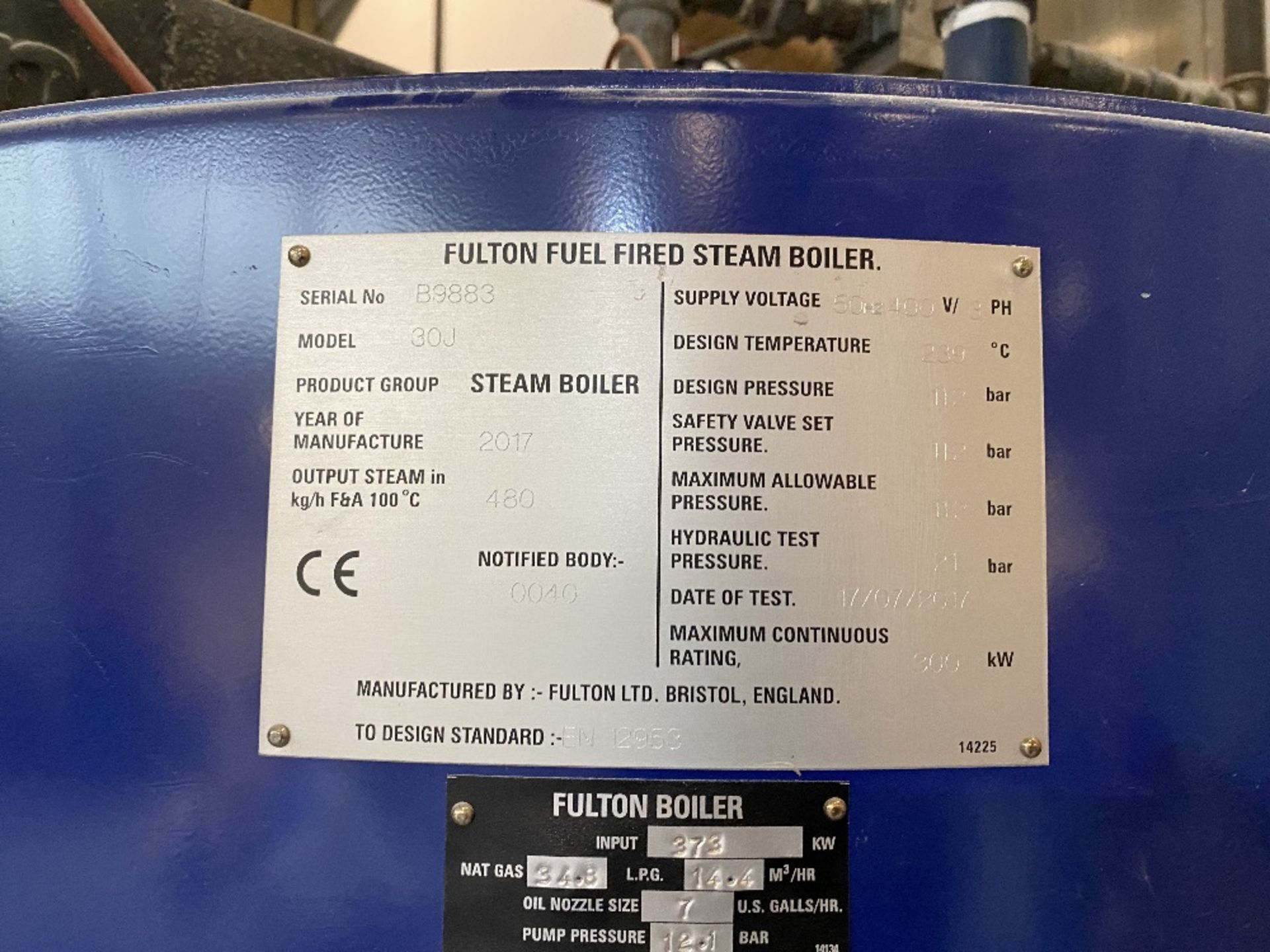 Fulton fuel-fired steam boiler, model 30J, Serial No. B9883, Year of Manufacture 2017 (METHOD - Image 6 of 6