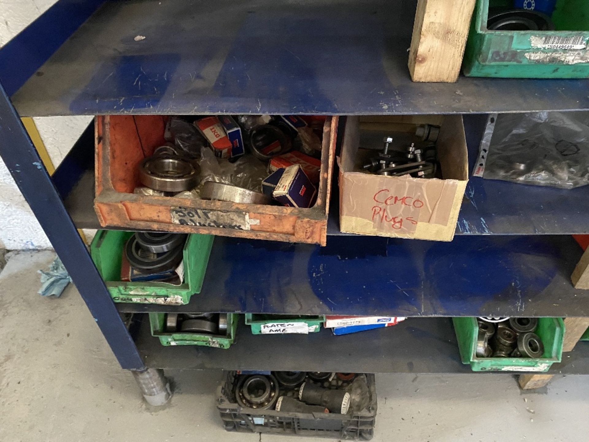 Five tier metal shelving unit with contents comprising assorted bearings, gears and springs - Image 3 of 5