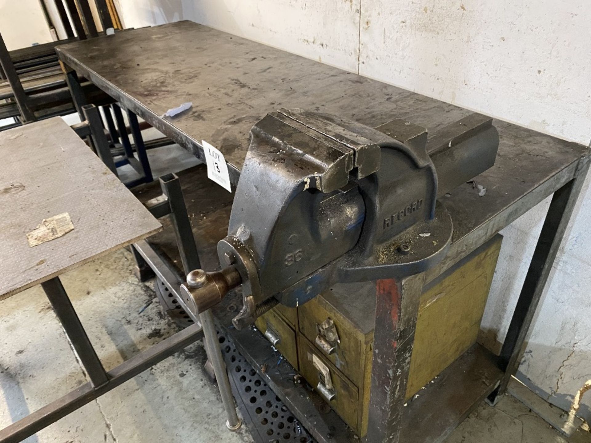 Metal workbench with Record No 36 vice, stillage and four drawer cabinet - Image 2 of 2