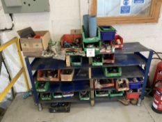 Five tier metal shelving unit with contents comprising assorted bearings, gears and springs