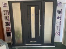Grey upvc glazed door with glazed side sections forming porch entrance, with key, approximate size