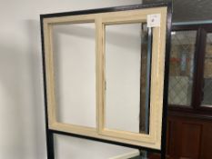 Timber unglazed window frame with left hand opener, with key, approximate size 120cm high x 120cm