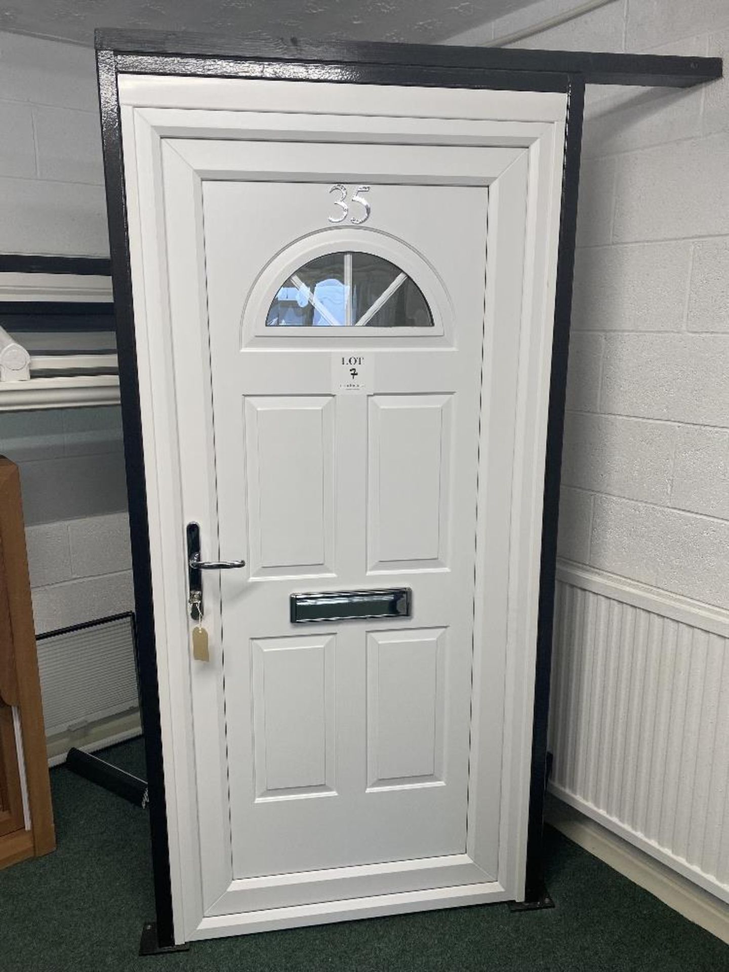 White upvc door and frame, with key, approximate size 206cm high x 94cm wide