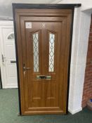 Light oak upvc door and frame, with key, approximate size 208cm high x 93cm wide