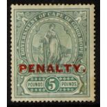 SOUTH AFRICA -COLS & REPS CAPE OF GOOD HOPE REVENUE 1911 £5 PENALTY overprint, Barefoot 11, unused