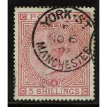 GB.QUEEN VICTORIA 1867-83 5s rose (plate 4) on blued paper, wmk Anchor, SG130, very fine used with