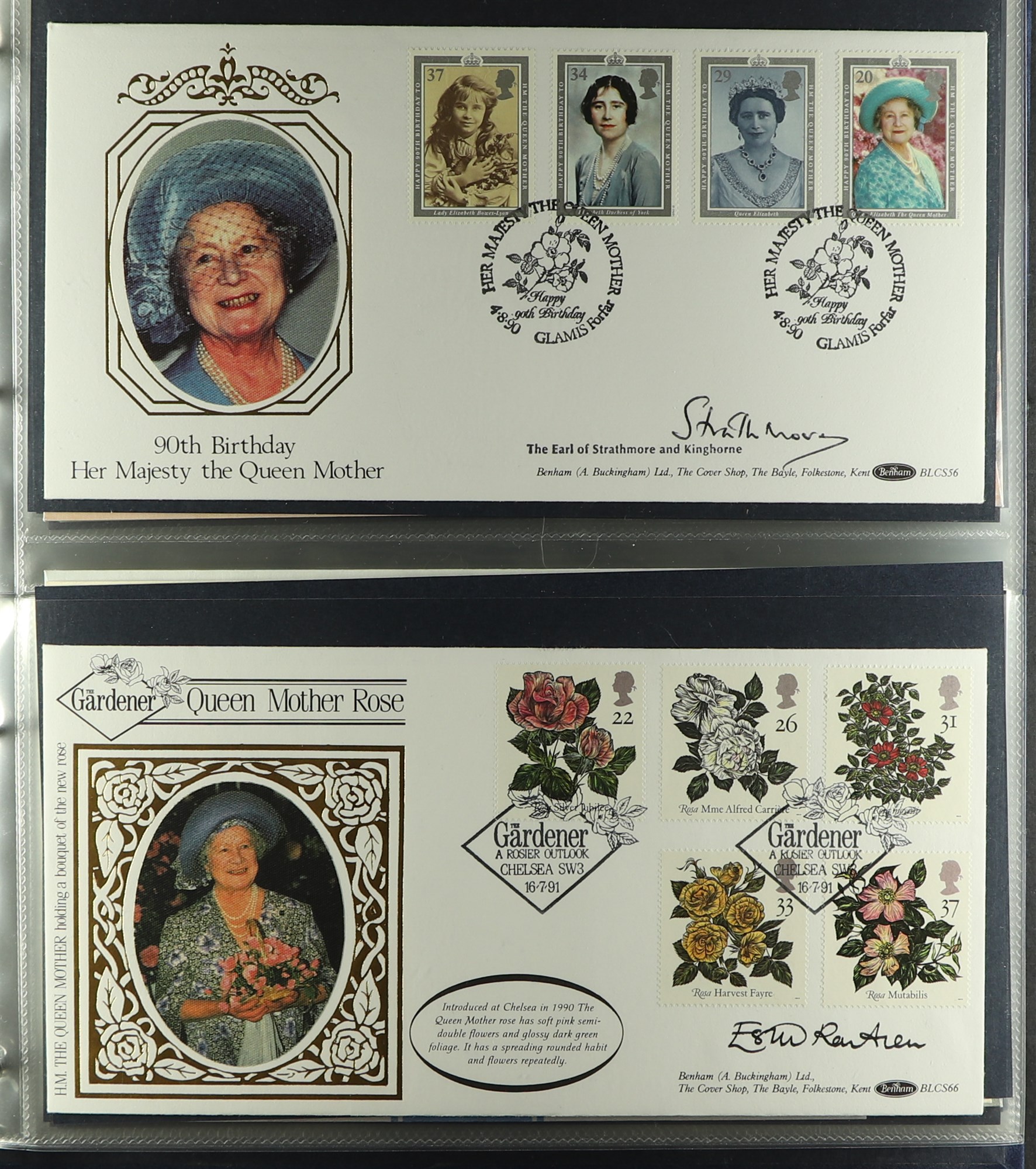 GREAT BRITAIN QUEEN MOTHER BENHAM COVERS COLLECTION 1990 to 2002 First Days Covers (39) with 24