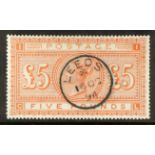 GB.QUEEN VICTORIA 1867-83 £5 orange on white paper, wmk Anchor, SG137, superb used with choice small