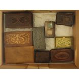 STAMP BOXES 9 boxes (6 wooden, 1 brass, 1 pewter, 1 wooden with sterling silver window lid