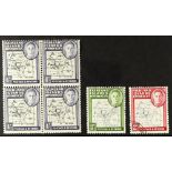 FALKLAND IS. DEPS. 1946 MAP VARIETIES. 1946-49 Thick Map 1d 'Extra Island' in hinged mint block 4 SG