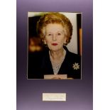 MRS THATCHER AUTOGRAPH dark blue card frame (295x417mm) with inset large photo of Mrs T with inset