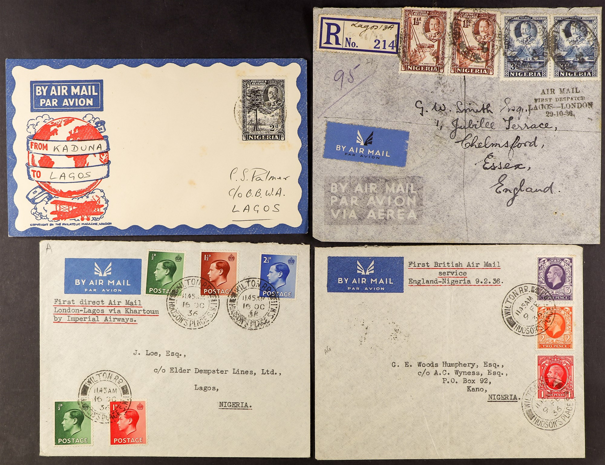 NIGERIA 1936 FLIGHT COVERS with (9 Feb) England - Kano, (16 Oct) London - Lagos via Khartoum, (22