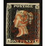 GB.PENNY BLACKS 1840 1d black Plate 4, lettered "AF", four margins and red MX.