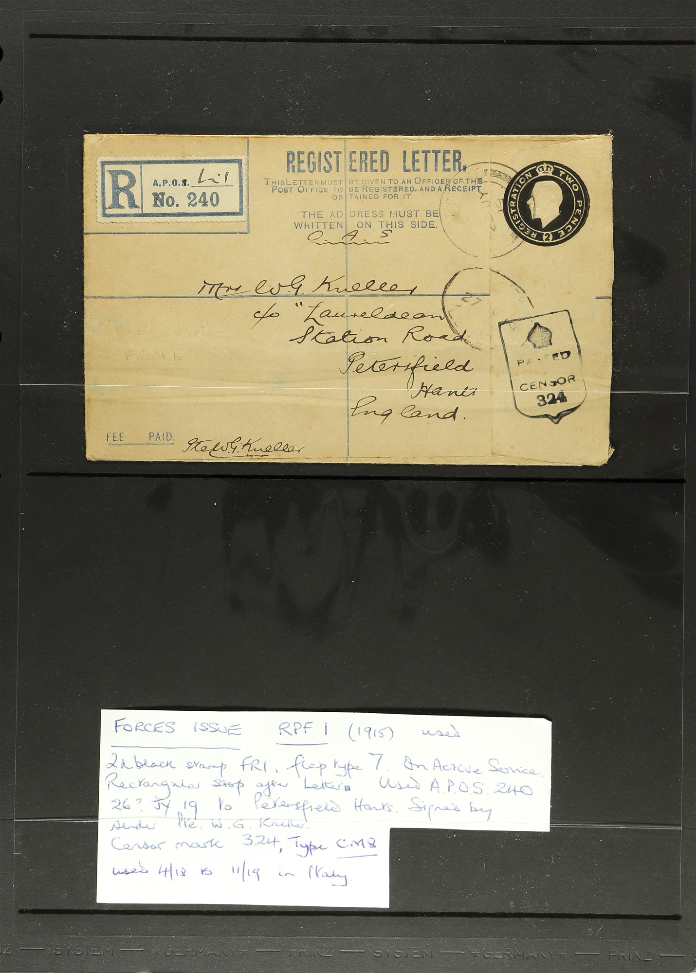 GB.GEORGE V 1916-19 FORCES REGISTERED ENVELOPES 1915 2d black (RPF 1) censored group with 1916 - Image 3 of 3