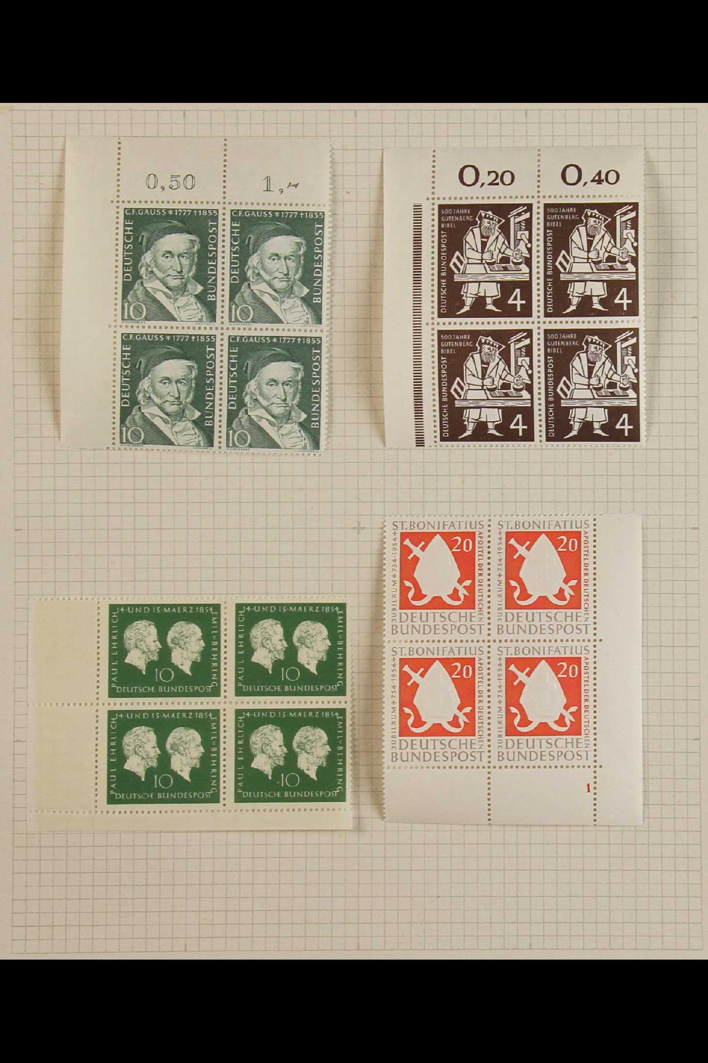GERMANY WEST 1952-55 MINT NHM BLOCKS OF FOUR mostly hinged only in the margins only (stamps being - Image 3 of 8