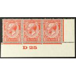 GB.GEORGE V 1924 1d red (SG N34), lower right corner horizontal "D25" strip of three, fine mint.