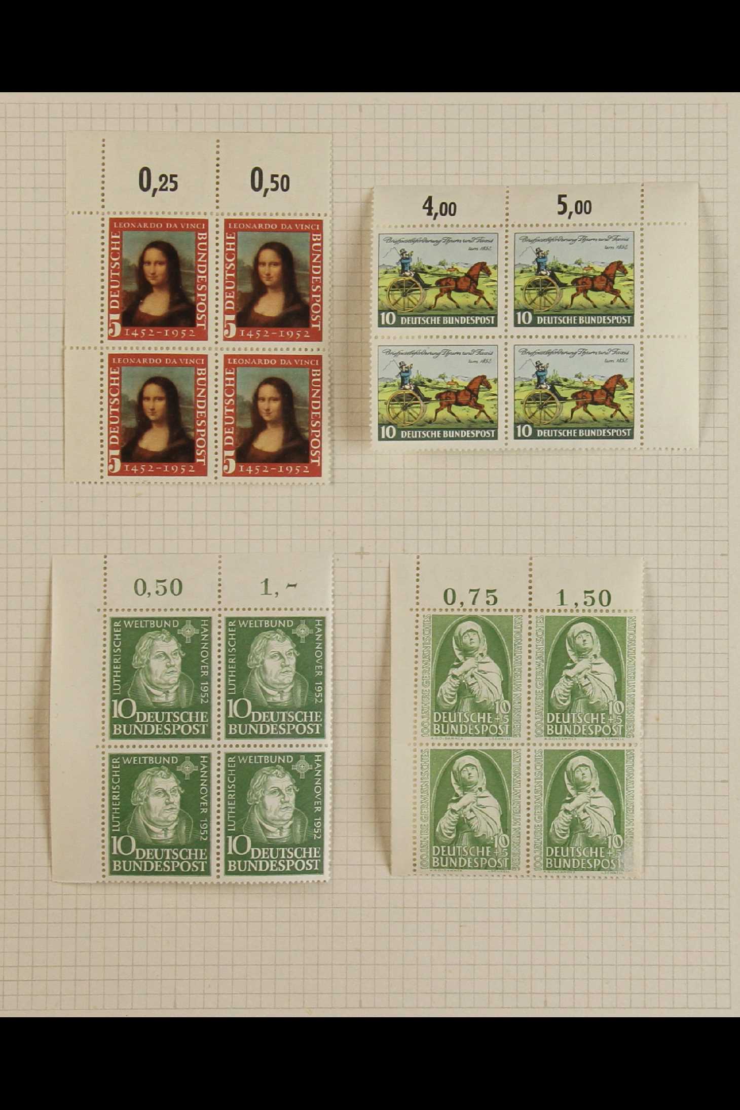 GERMANY WEST 1952-55 MINT NHM BLOCKS OF FOUR mostly hinged only in the margins only (stamps being