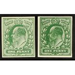 GB.EDWARD VII 1902-11 ½d plate proofs in pale green and in deep green, fine. Cat £160. (2 proofs)