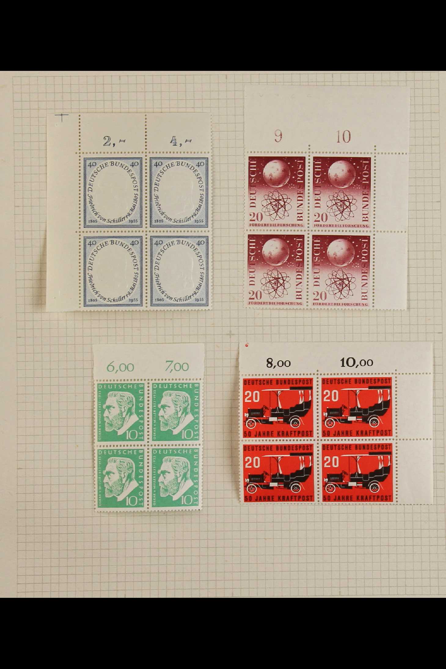 GERMANY WEST 1952-55 MINT NHM BLOCKS OF FOUR mostly hinged only in the margins only (stamps being - Image 5 of 8