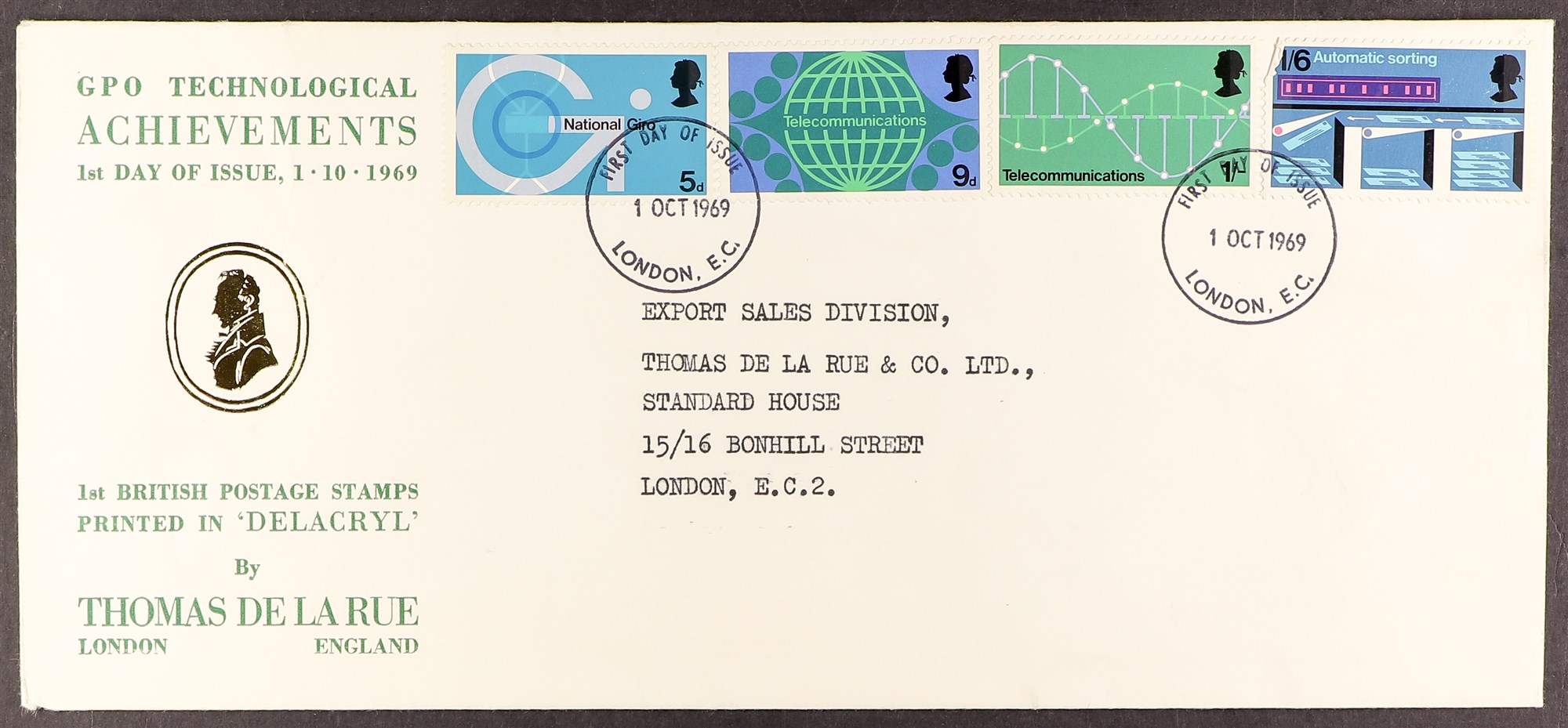 GB.FIRST DAY COVERS 1969 TECHNOLOGY the scarce and unlisted De La Rue "DELACRYL" printed cover.