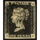 GB.PENNY BLACKS 1840 1d black, Plate 2, lettered "AJ", four neat margins and black MX.