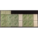 GB.GEORGE V 1911-12 ½d Downey Heads, Die 1A, never hinged mint marginal blocks of four in green,