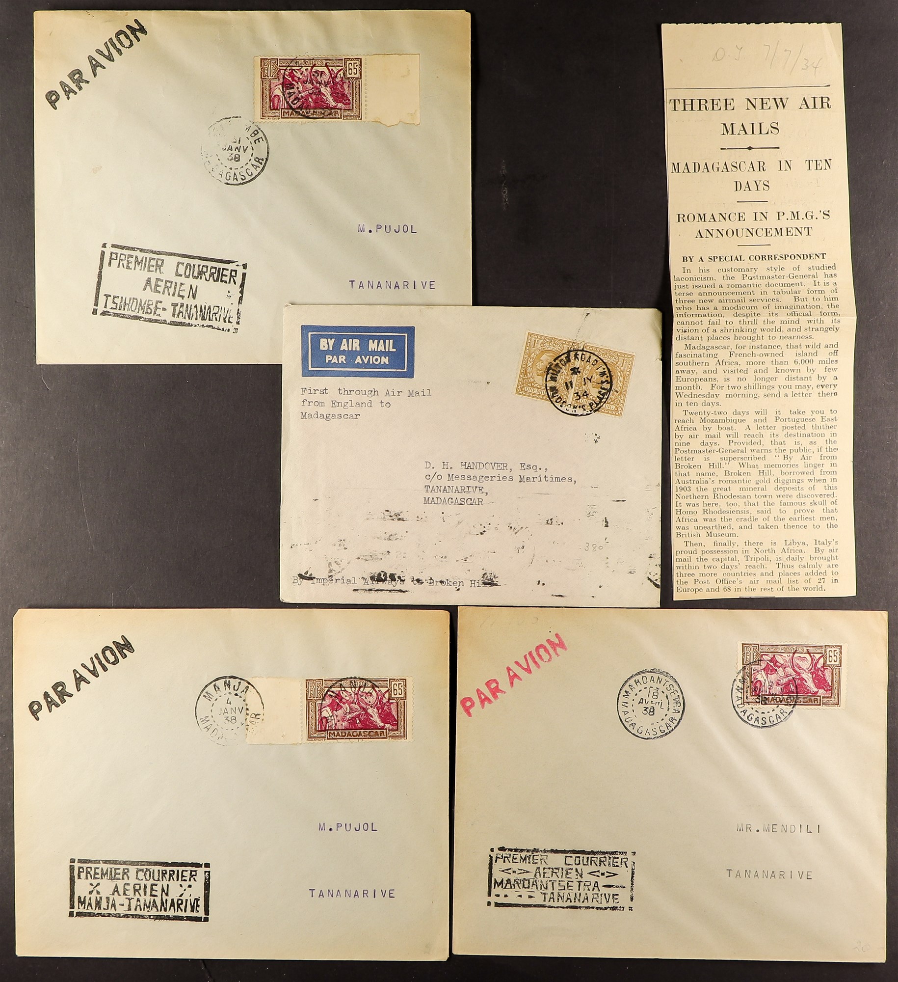 FRENCH COLONIES MADAGASCAR 1934-38 Airmail covers, with 1934 (July) London to Tananarive, 1938 three