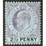 GIBRALTAR 1904-08 2½d dull purple and black on blue, large "2" in "½", SG 59a, fine mint. Cat £650.