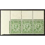 GB.GEORGE V 1912 ½d green Die 2 Downey Head, upper left corner horizontal strip of three, one