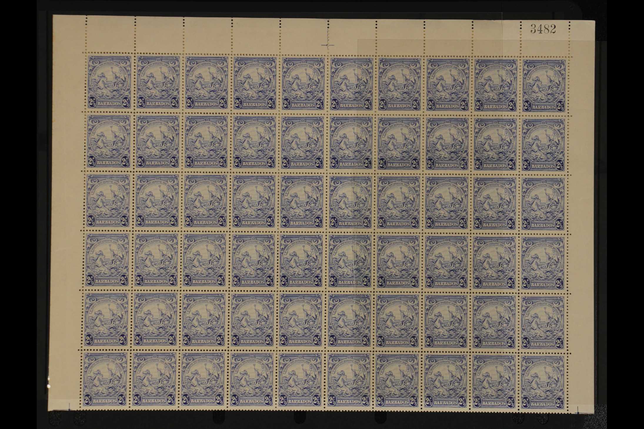 BARBADOS 1938-47 COMPLETE SHEET 2½d ultramarine (SG 251) - a never hinged mint sheet, incl. three "