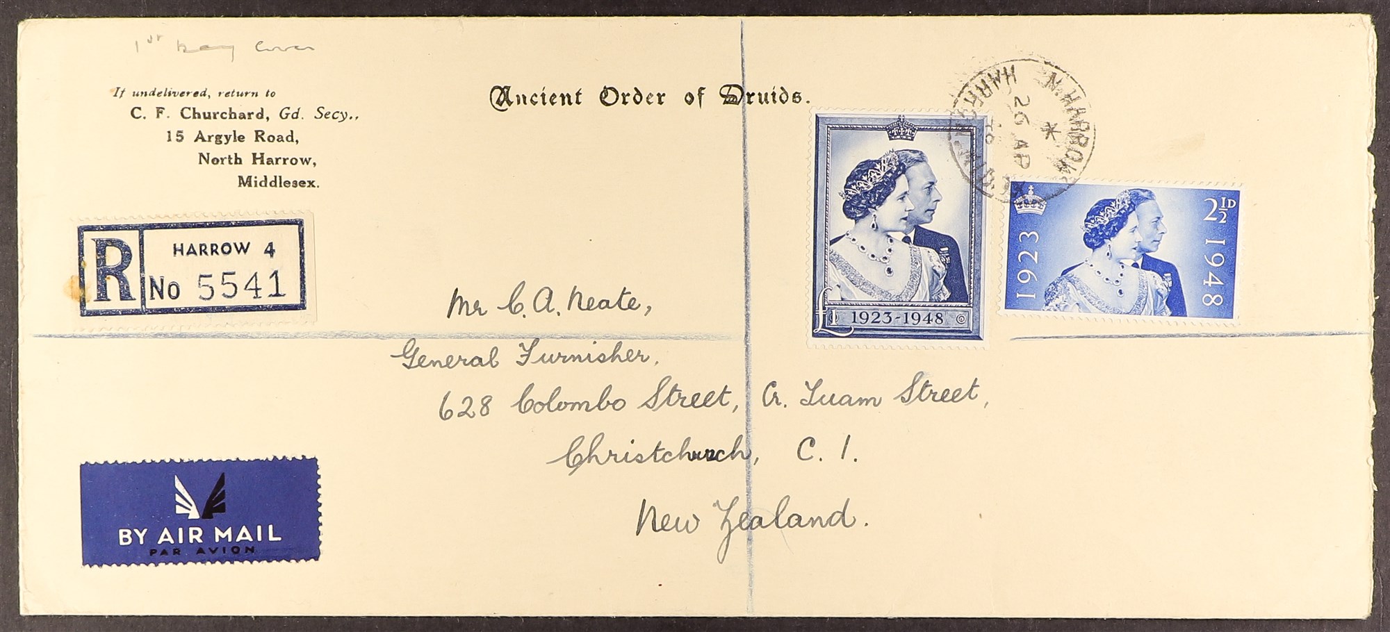 GB.GEORGE VI 1948 Silver Wedding fdc, printed "Ancient Order of Druids" envelope, Harrow cds,