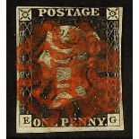 GB.PENNY BLACKS 1840 1d black, Plate 3, lettered "EG", four margins (close at top) with crisp red