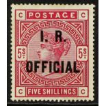 GB.QUEEN VICTORIA OFFICIALS - I.R. INLAND REVENUE 1890 5s. rose, S.G.O9, mint with large part gum,