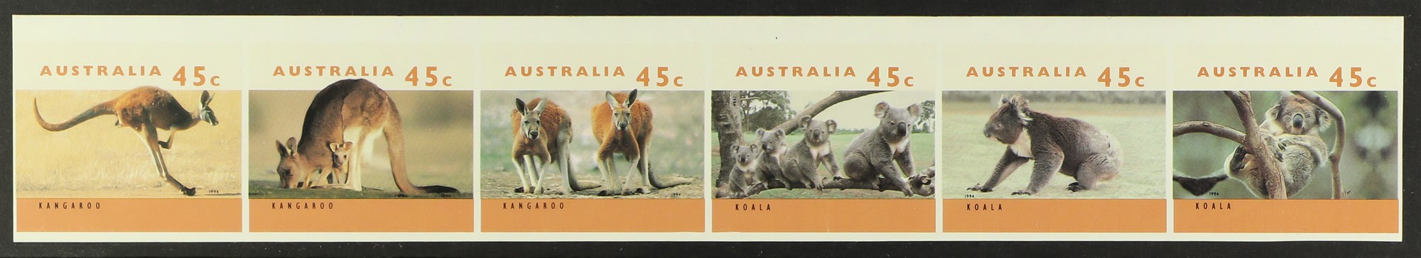 AUSTRALIA 1994-97 1994-97 Wildlife self-adhesive set (SG 1459/64) - IMPERF PROOF SE-TENANT STRIP