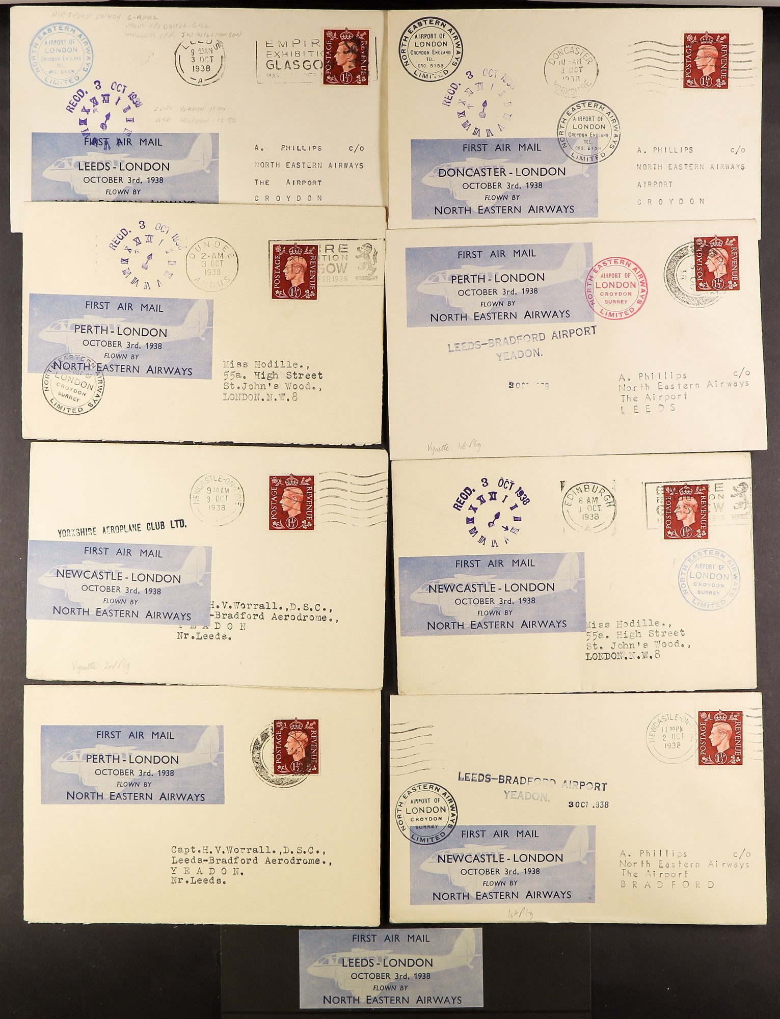 GREAT BRITAIN AIR MAIL COVERS - INTERNAL FLIGHTS: NORTH EASTERN AIRWAYS 1938 (3 October) range of