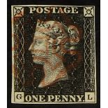 GB.PENNY BLACKS 1840 1d black, Plate 6 lettered "GL", four margins and red MX.