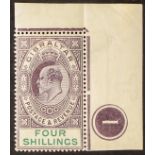 GIBRALTAR 1903 4s dull purple and green, SG 53, upper right corner plate number example, stamp never
