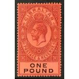 GIBRALTAR 1912 £1 dull purple and black on red, SG 85, fine mint. Cat £140.