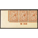 GB.GEORGE V 41924 1½d red-brown, lower left corner horizontal "S33" strip of three, one showing "