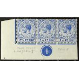 GIBRALTAR 1912-24 2½d deep bright blue, lower left corner plate number "1" strip of three, one