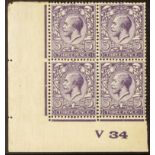 GB.GEORGE V 1924 3d deep brownish violet, SG N38 (6), "V34" lower left corner block of four, mint