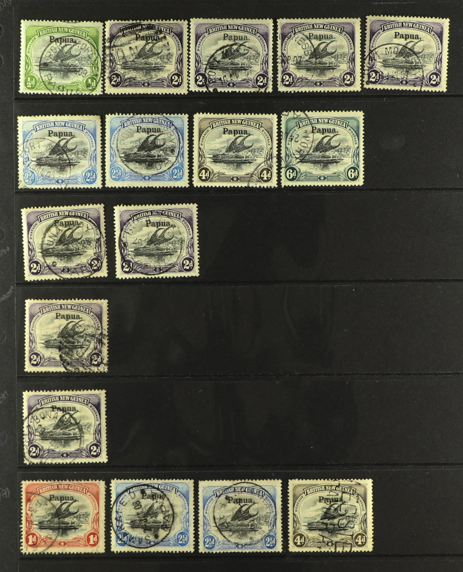 PAPUA POSTMARKS on 1906 large "Papua" overprinted Lakatoi issues, group of postmarks incl. Port
