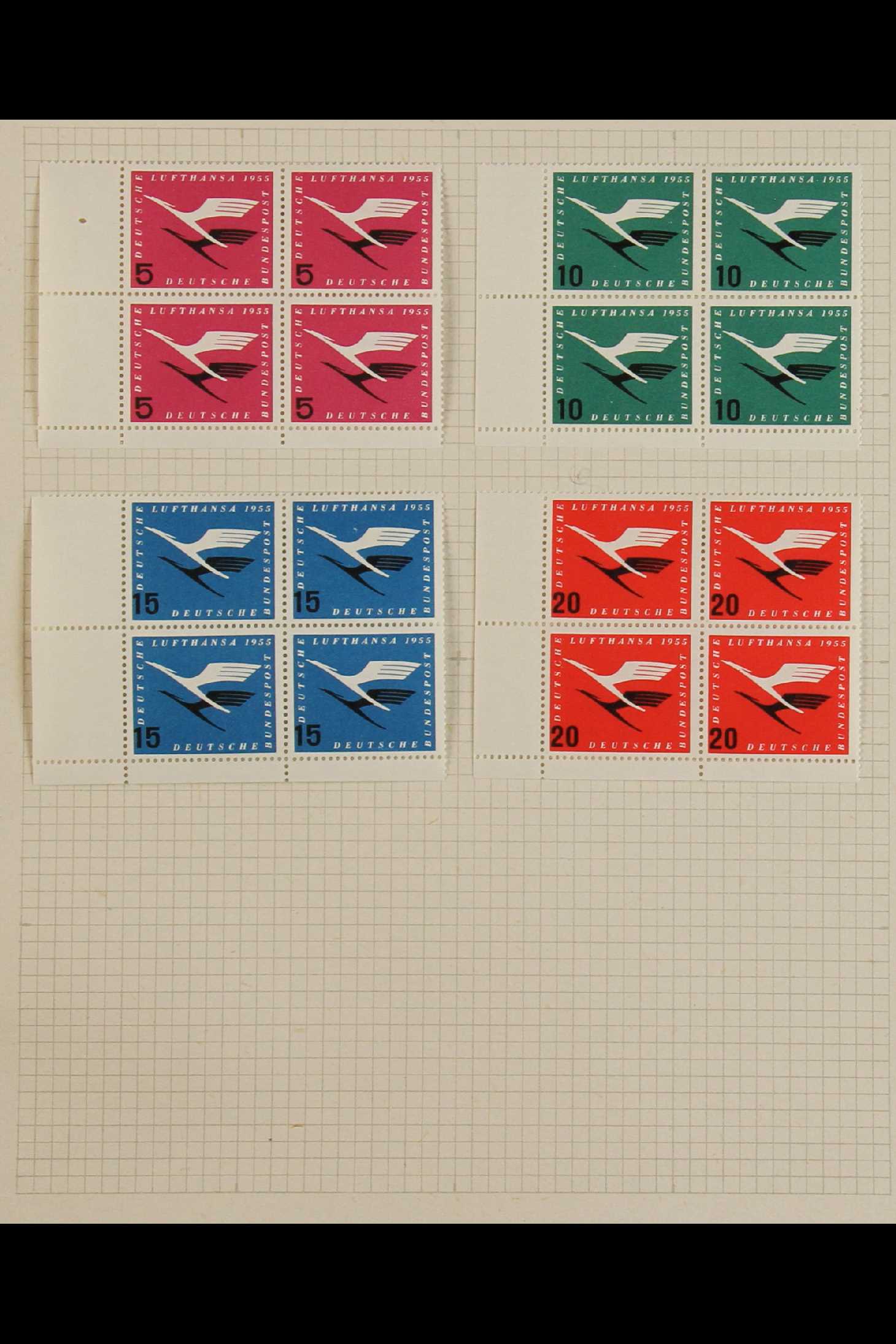 GERMANY WEST 1952-55 MINT NHM BLOCKS OF FOUR mostly hinged only in the margins only (stamps being - Image 4 of 8
