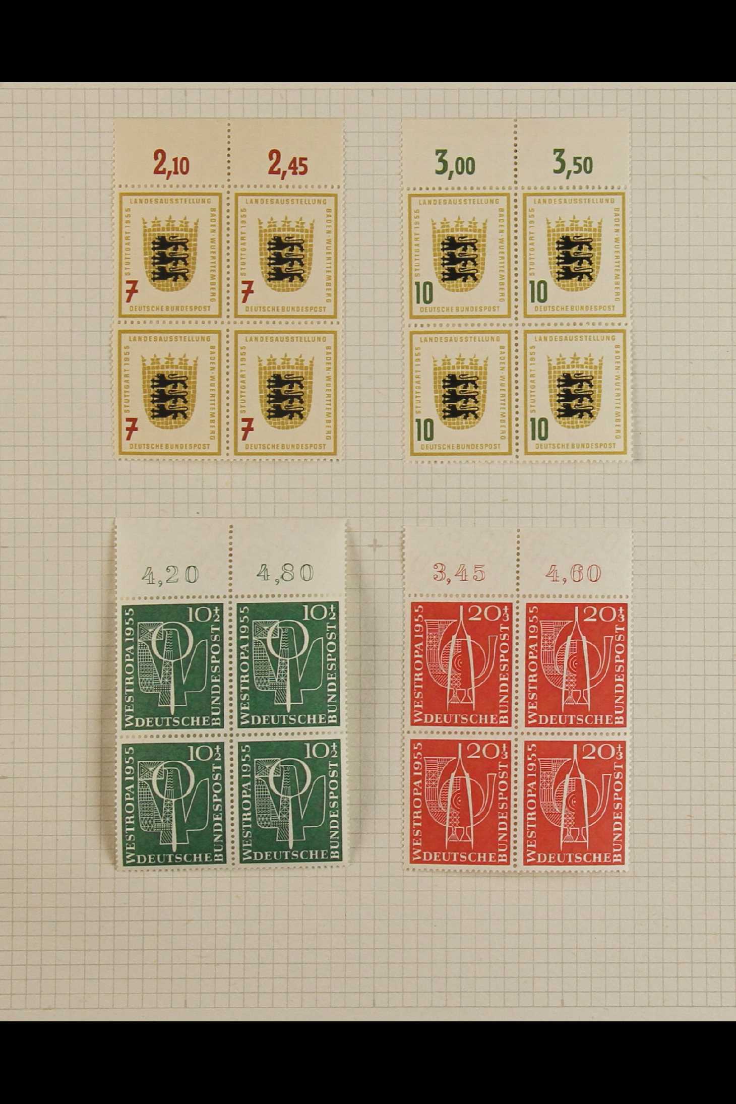 GERMANY WEST 1952-55 MINT NHM BLOCKS OF FOUR mostly hinged only in the margins only (stamps being - Image 6 of 8