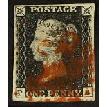 GB.PENNY BLACKS 1840 1d black Plate 5, lettered "PB", four margins and red MX.