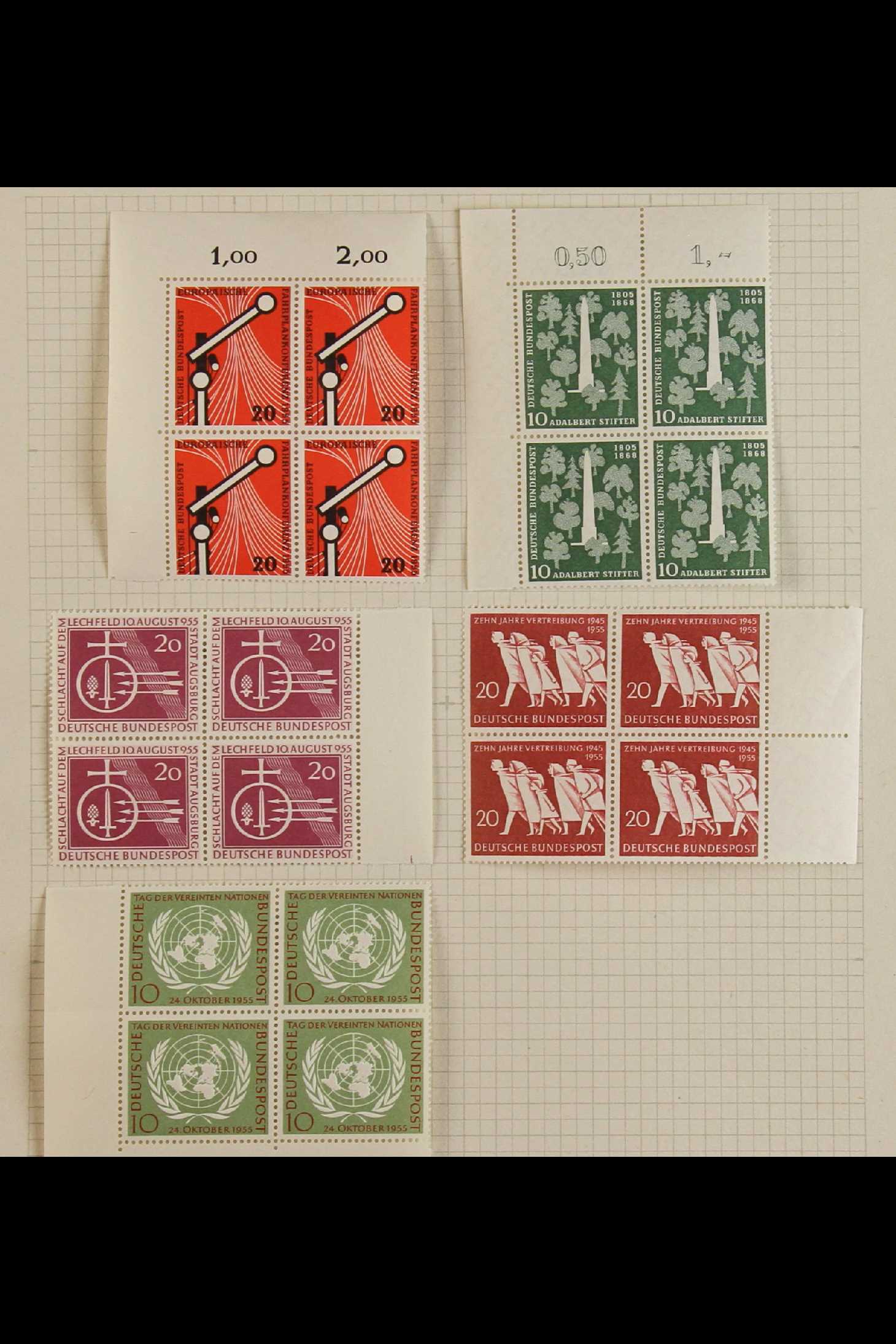 GERMANY WEST 1952-55 MINT NHM BLOCKS OF FOUR mostly hinged only in the margins only (stamps being - Image 7 of 8