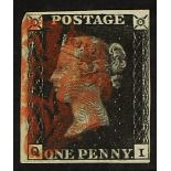 GB.PENNY BLACKS 1840 1d black Plate 9, lettered "QI", four close to large margins, red MX.